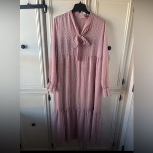 Tie-Neck Pink Swiss Dot Midi Dress